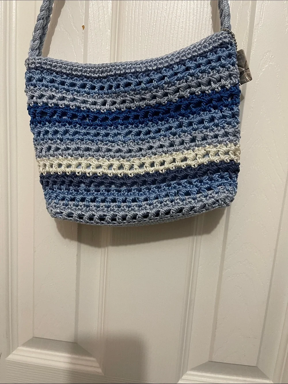 LINA Crochet Knit Shoulder Bag Purse blue White Stripe Boho Braided Strap - Picture 5 of 5